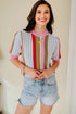 Textured Pointelle Knit Short Sleeve Crew Neck Top