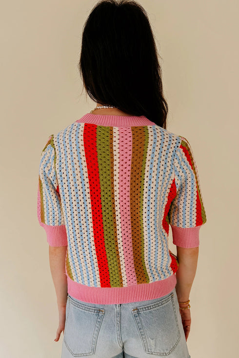 Textured Pointelle Knit Short Sleeve Crew Neck Top