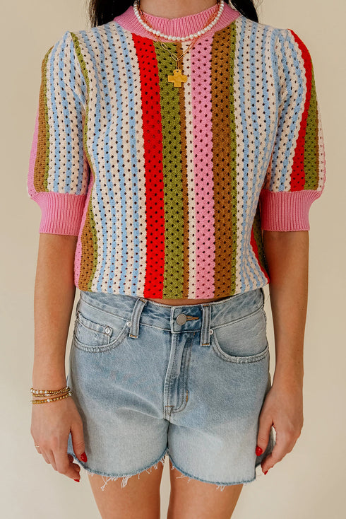 Textured Pointelle Knit Short Sleeve Crew Neck Top