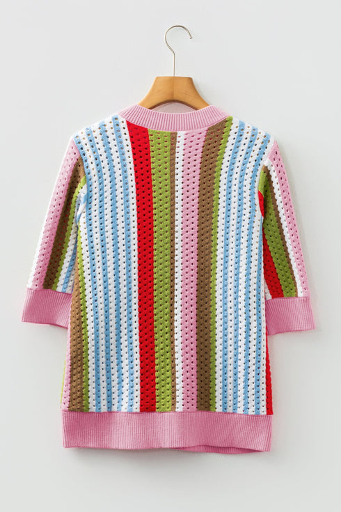 Textured Pointelle Knit Short Sleeve Crew Neck Top