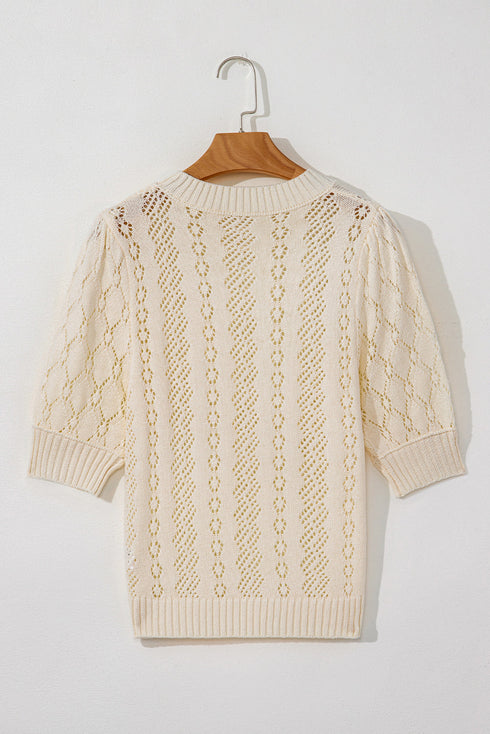 Textured Pointelle Knit Short Sleeve Pullover Sweater