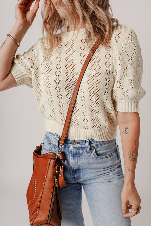 Textured Pointelle Knit Short Sleeve Pullover Sweater