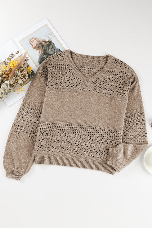 Textured Pointelle Knit V Neck Long Sleeve Sweater
