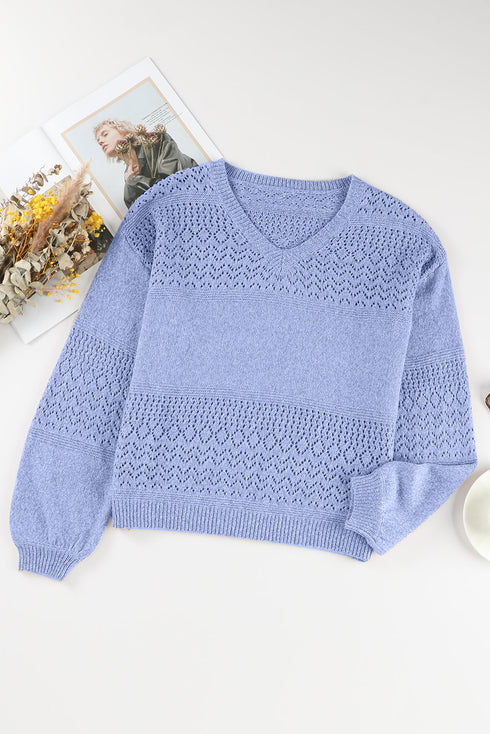 Textured Pointelle Knit V Neck Long Sleeve Sweater