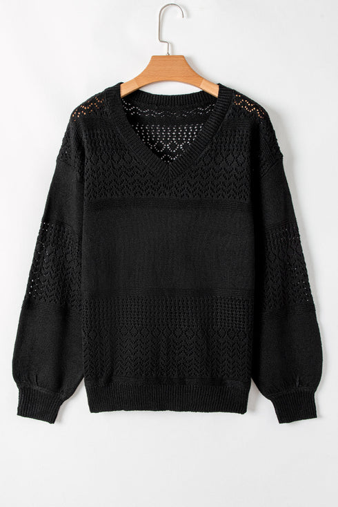 Textured Pointelle Knit V Neck Long Sleeve Sweater