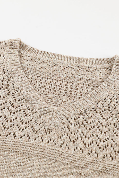 Textured Pointelle Knit V Neck Long Sleeve Sweater
