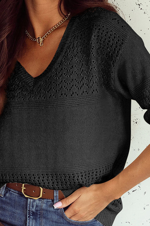 Textured Pointelle Knit V Neck Long Sleeve Sweater