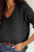 Textured Pointelle Knit V Neck Long Sleeve Sweater