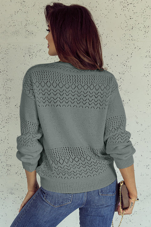 Textured Pointelle Knit V Neck Long Sleeve Sweater