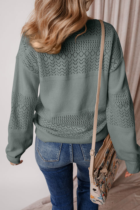 Textured Pointelle Knit V Neck Long Sleeve Sweater