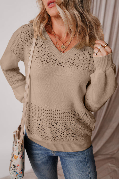 Textured Pointelle Knit V Neck Long Sleeve Sweater