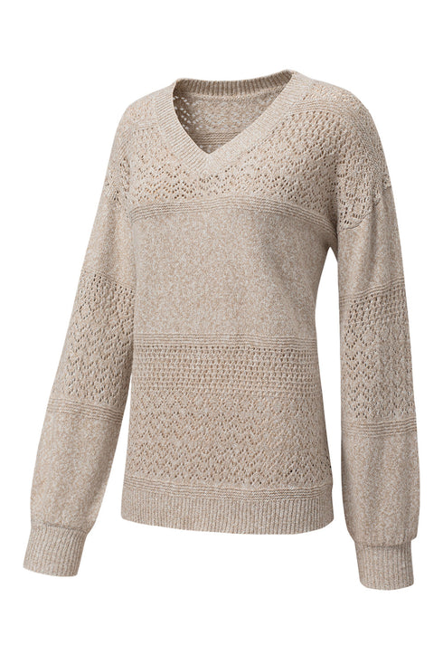 Textured Pointelle Knit V Neck Long Sleeve Sweater