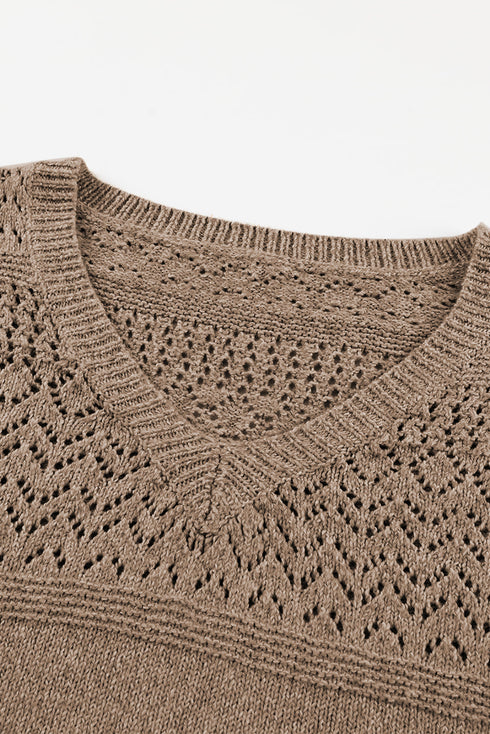 Textured Pointelle Knit V Neck Long Sleeve Sweater