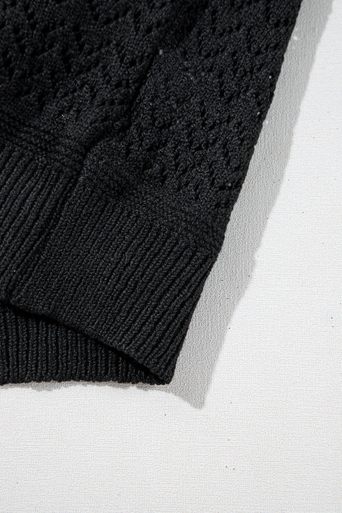 Textured Pointelle Knit V Neck Long Sleeve Sweater