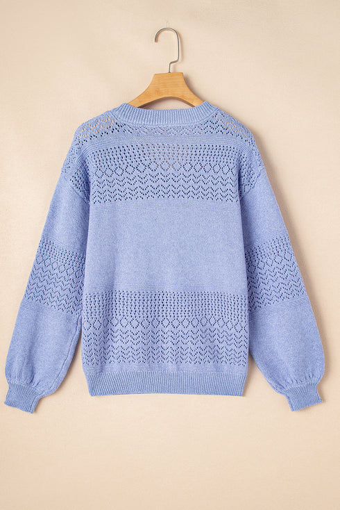 Textured Pointelle Knit V Neck Long Sleeve Sweater