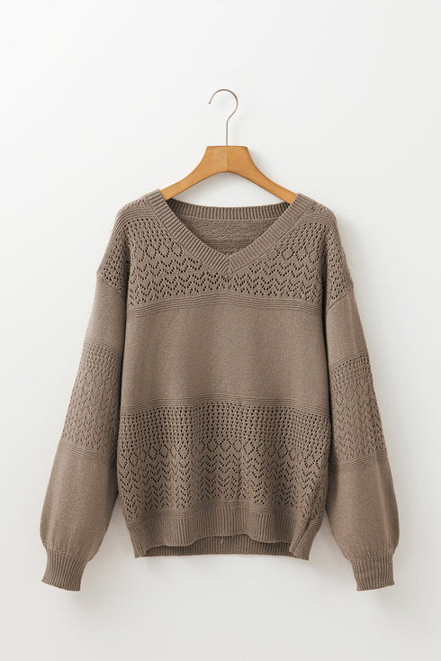Textured Pointelle Knit V Neck Long Sleeve Sweater