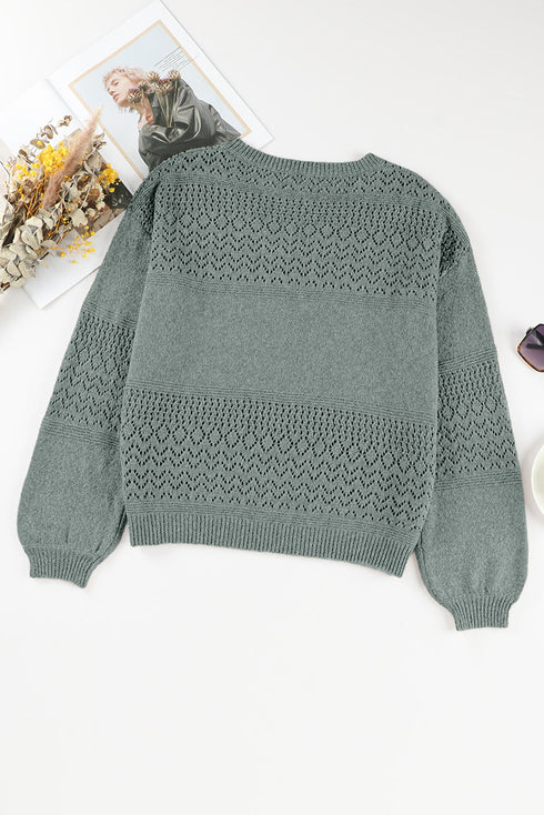 Textured Pointelle Knit V Neck Long Sleeve Sweater