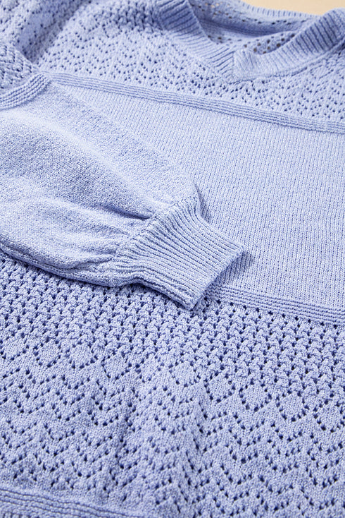 Textured Pointelle Knit V Neck Long Sleeve Sweater