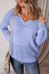 Textured Pointelle Knit V Neck Long Sleeve Sweater
