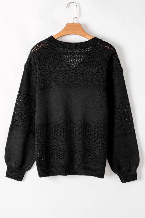 Textured Pointelle Knit V Neck Long Sleeve Sweater