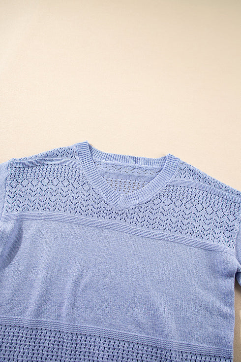 Textured Pointelle Knit V Neck Long Sleeve Sweater
