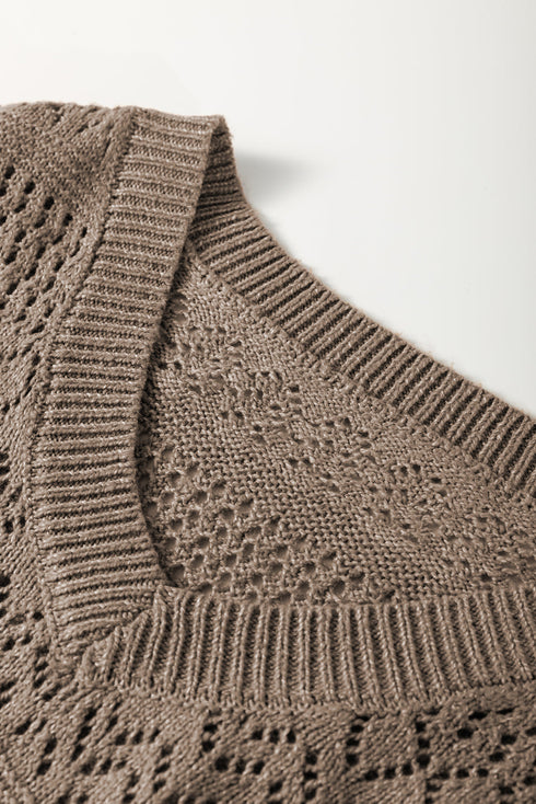 Textured Pointelle Knit V Neck Long Sleeve Sweater