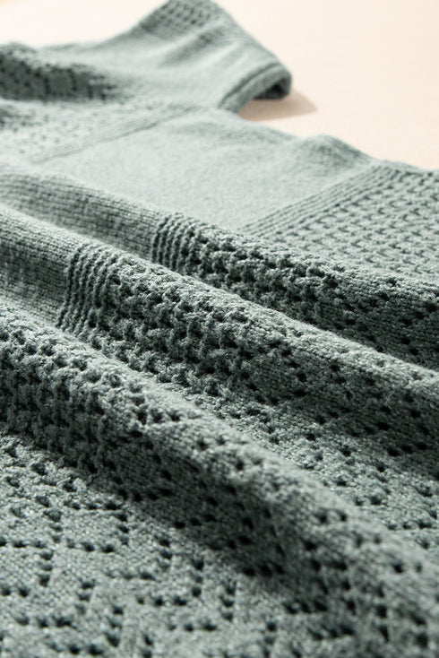 Textured Pointelle Knit V Neck Long Sleeve Sweater