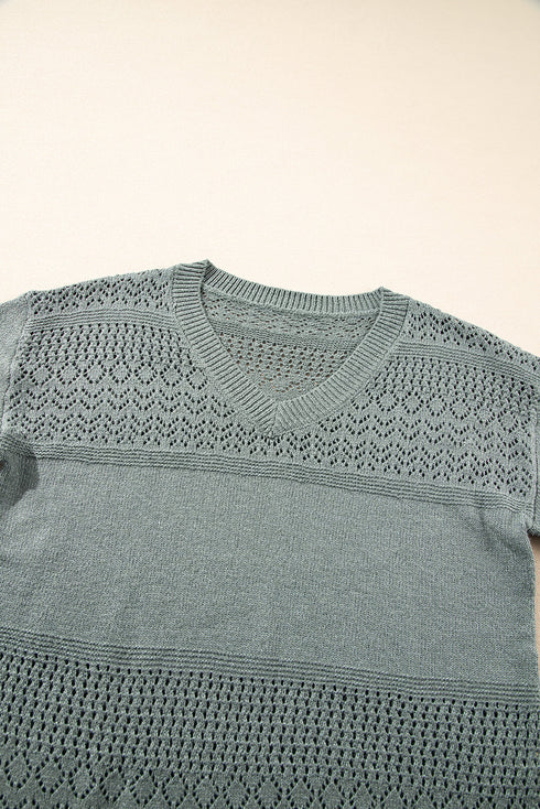 Textured Pointelle Knit V Neck Long Sleeve Sweater