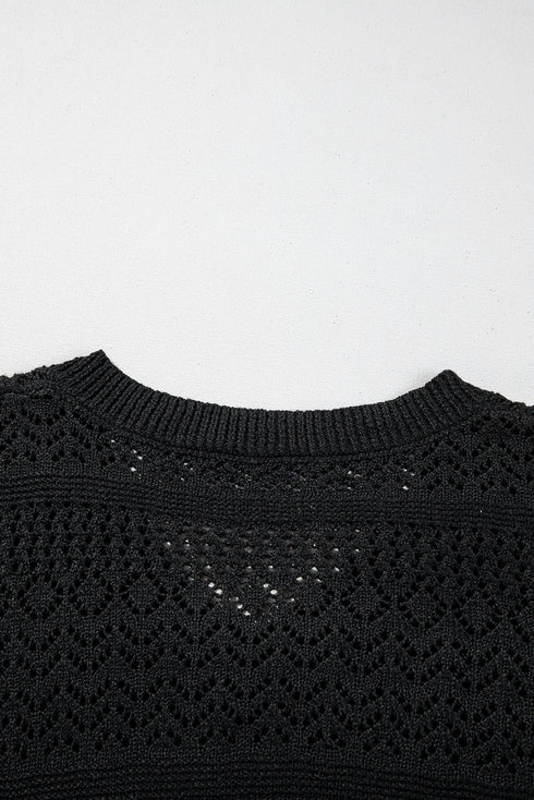 Textured Pointelle Knit V Neck Long Sleeve Sweater