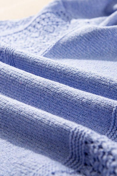 Textured Pointelle Knit V Neck Long Sleeve Sweater