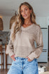 Textured Pointelle Knit V Neck Long Sleeve Sweater