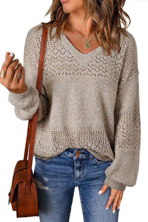 Textured Pointelle Knit V Neck Long Sleeve Sweater
