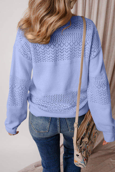 Textured Pointelle Knit V Neck Long Sleeve Sweater