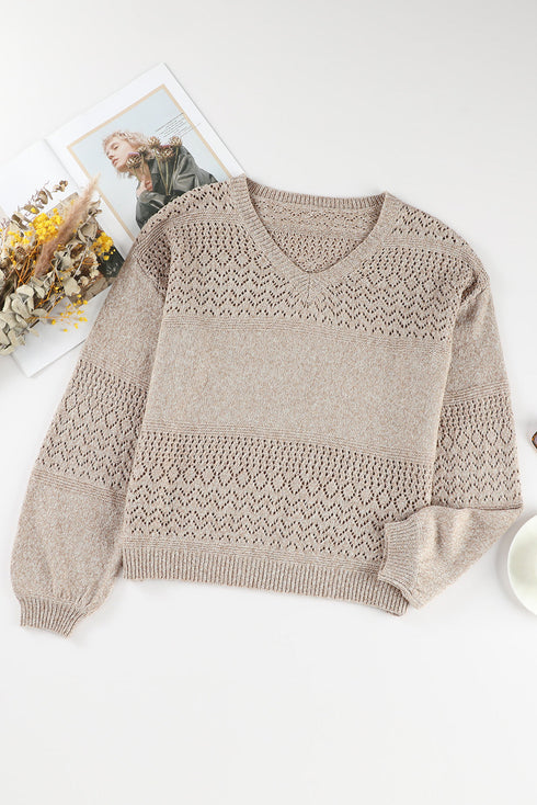 Textured Pointelle Knit V Neck Long Sleeve Sweater