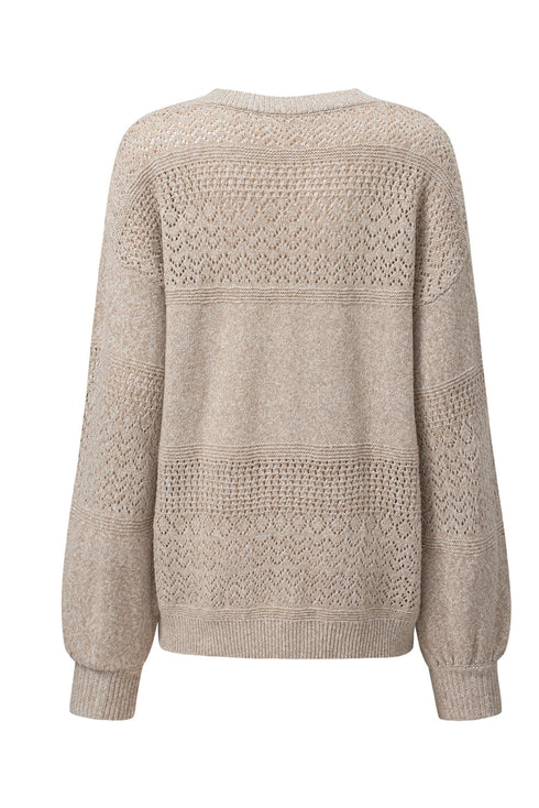 Textured Pointelle Knit V Neck Long Sleeve Sweater