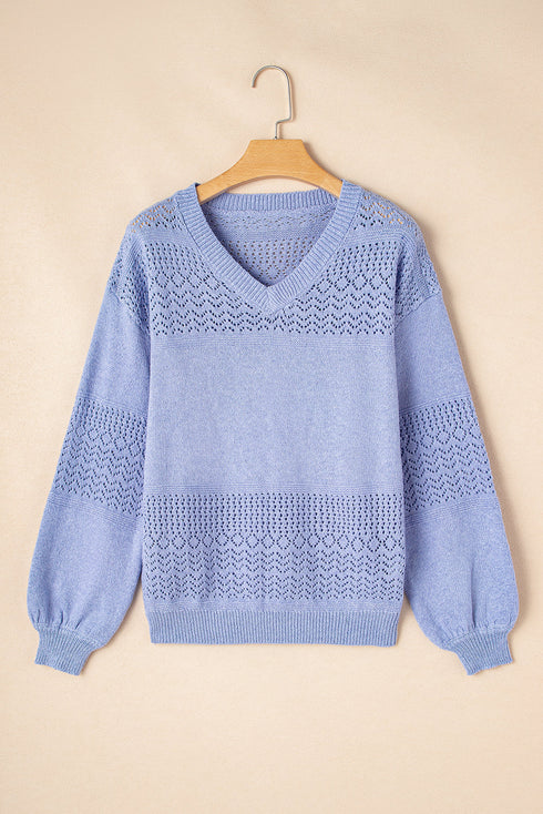 Textured Pointelle Knit V Neck Long Sleeve Sweater