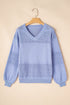 Textured Pointelle Knit V Neck Long Sleeve Sweater