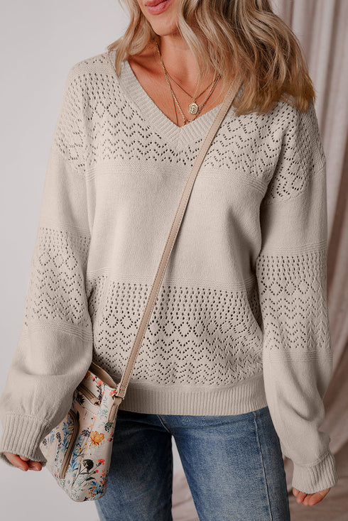 Textured Pointelle Knit V Neck Long Sleeve Sweater