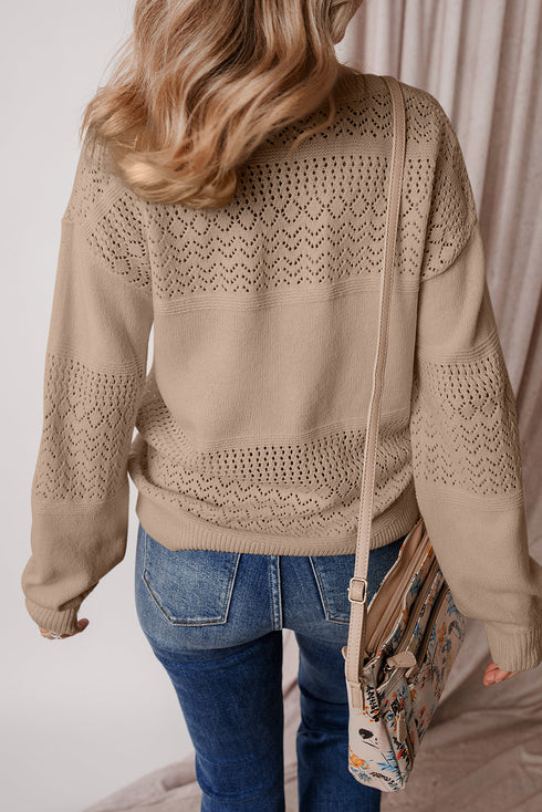 Textured Pointelle Knit V Neck Long Sleeve Sweater