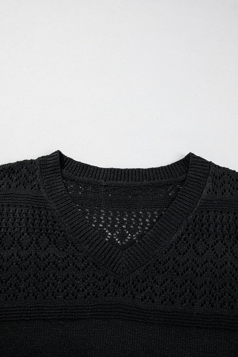 Textured Pointelle Knit V Neck Long Sleeve Sweater