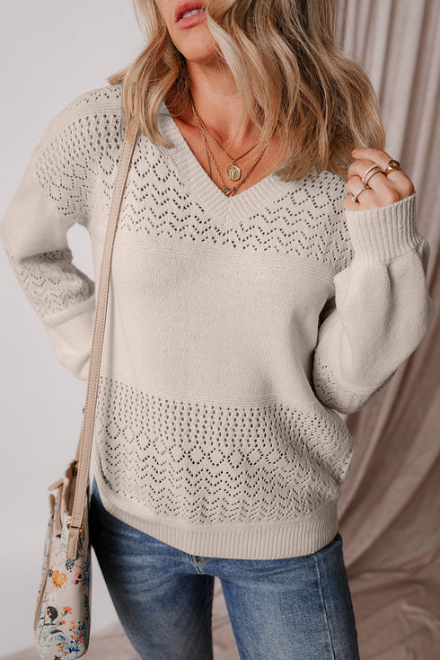 Textured Pointelle Knit V Neck Long Sleeve Sweater