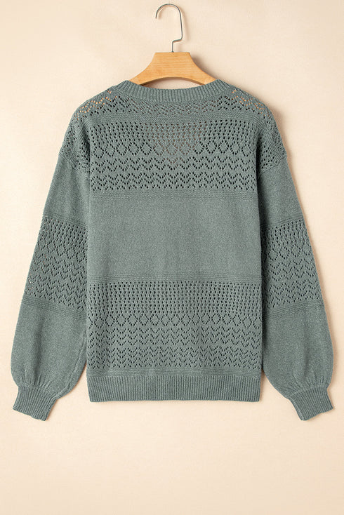 Textured Pointelle Knit V Neck Long Sleeve Sweater