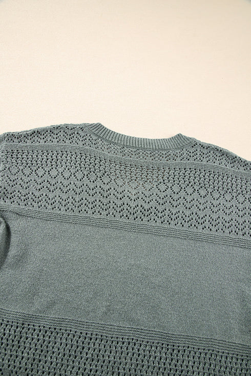 Textured Pointelle Knit V Neck Long Sleeve Sweater