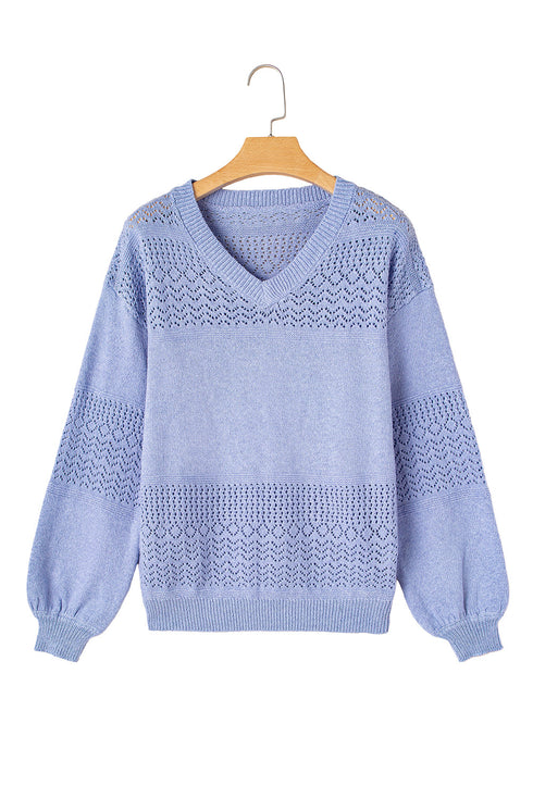 Textured Pointelle Knit V Neck Long Sleeve Sweater
