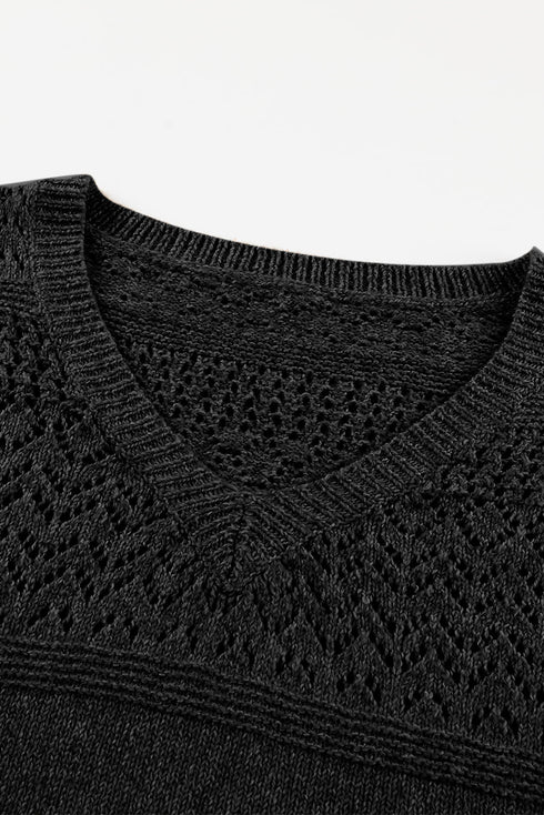 Textured Pointelle Knit V Neck Long Sleeve Sweater
