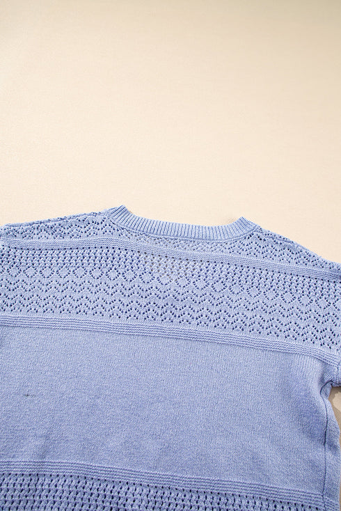 Textured Pointelle Knit V Neck Long Sleeve Sweater