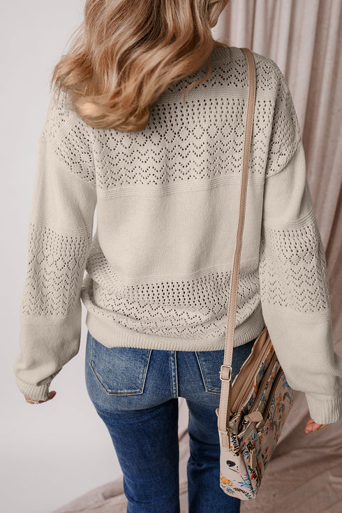 Textured Pointelle Knit V Neck Long Sleeve Sweater
