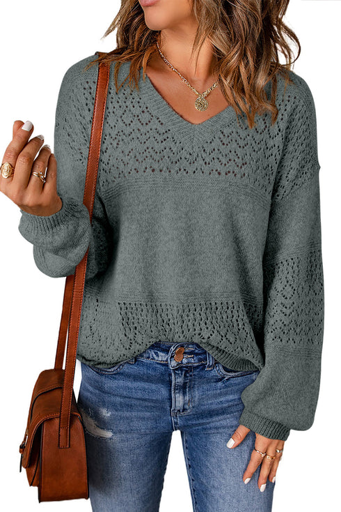 Textured Pointelle Knit V Neck Long Sleeve Sweater