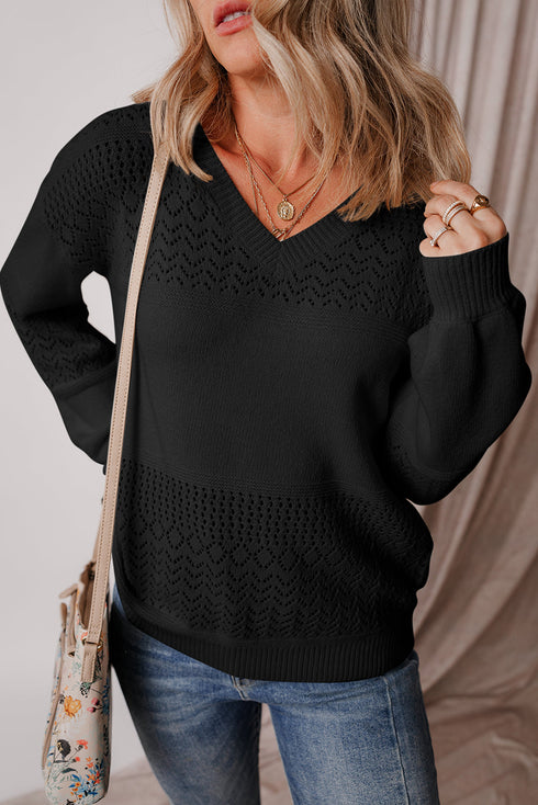 Textured Pointelle Knit V Neck Long Sleeve Sweater