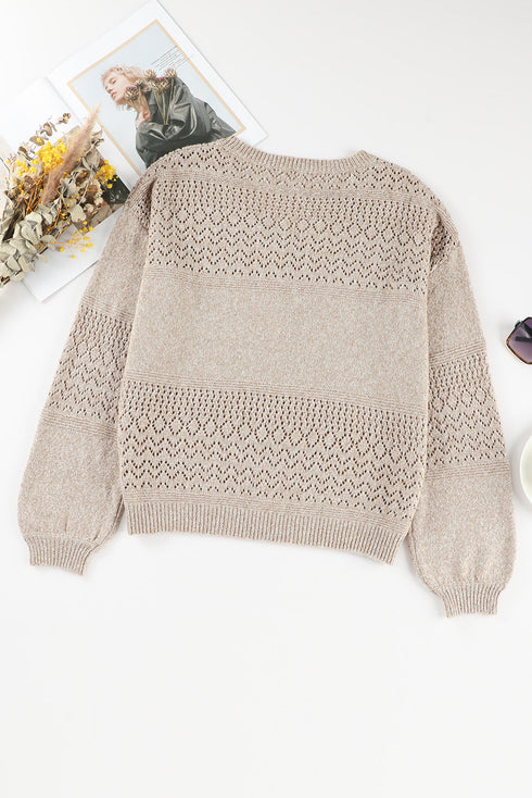 Textured Pointelle Knit V Neck Long Sleeve Sweater